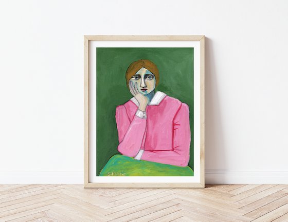 Vintage Lady in Pink Portrait Figurative Naive Impressionist