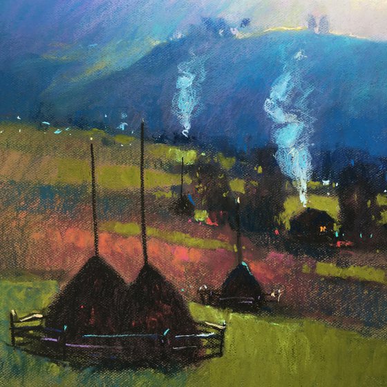 Ukrainian landscape Haystacks in Carpathian Mountains Soft pastel 19.6x19.6 inch (50x50 cm)