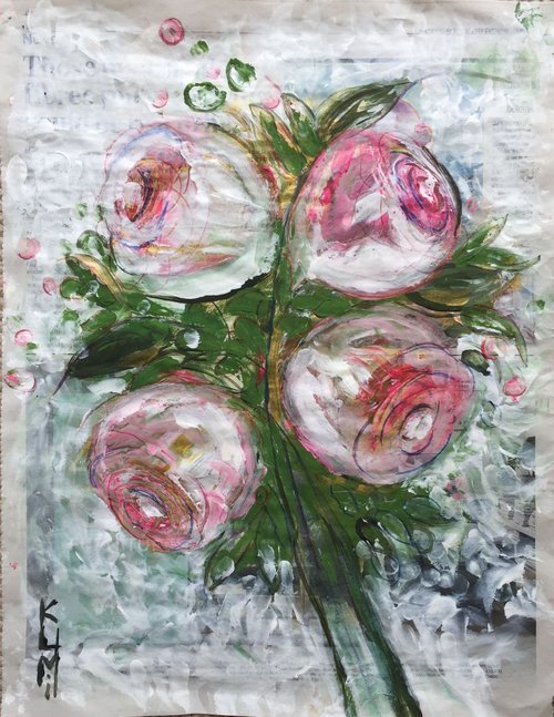 Pink Roses I Acrylic on Newspaper Nature Art Flower Painting of Colour Floral Art Still Life 37x29cm Gift Ideas Original Art Modern Art Contemporary Painting Abstract Art For Sale Buy Original Art Free Shipping by Kumi Muttu