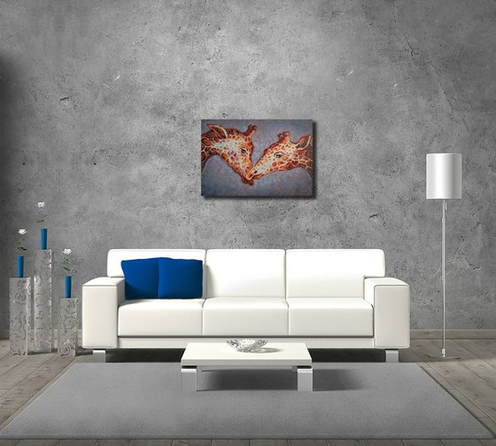 Touch - animal, giraffes, animal face, lovers, painting on canvas, love, gift, animals art, animals oil painting