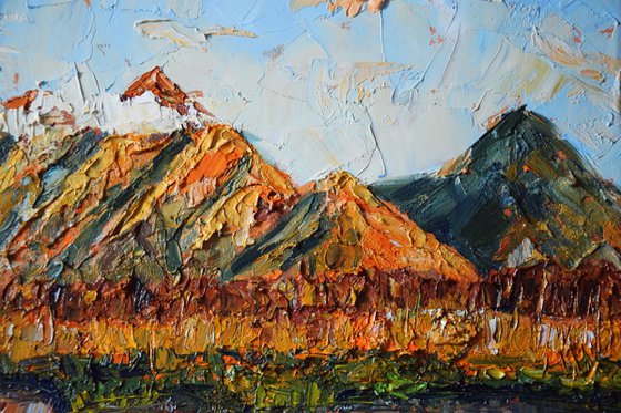 Original palette knife oil painting Sunset mountains in Alaska