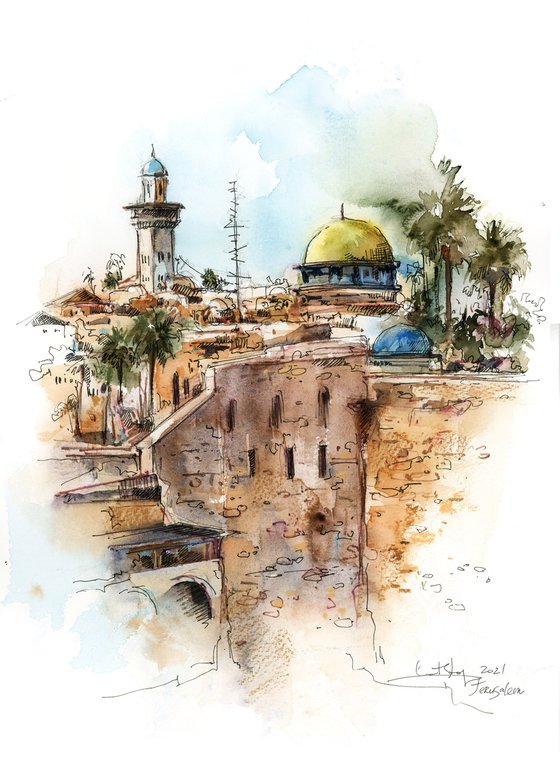 Jerusalem, Wailing Wall - Architecture Sketch Mixed Media