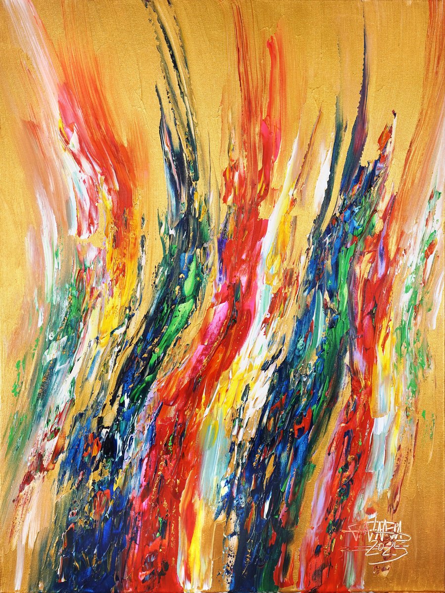 Abstract Acrylic Painting By Peter Nottrott, 24 X 31", Gold Pieces Xs 3, Original Artwork