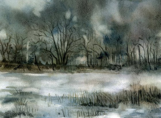 morning lake mist watercolor