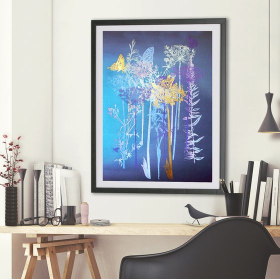 Flora and fauna  (#1) on blue moon Fabriano card