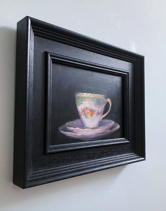 Original oil painting vintage cup & plate trio, still life.