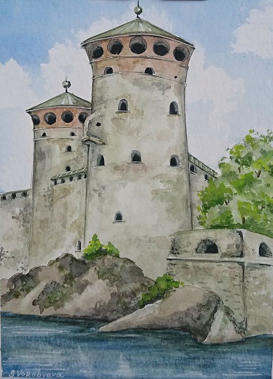 The Olavinlinna Castle #3. Original cityscape watercolor painting by Svetlana Vorobyeva.