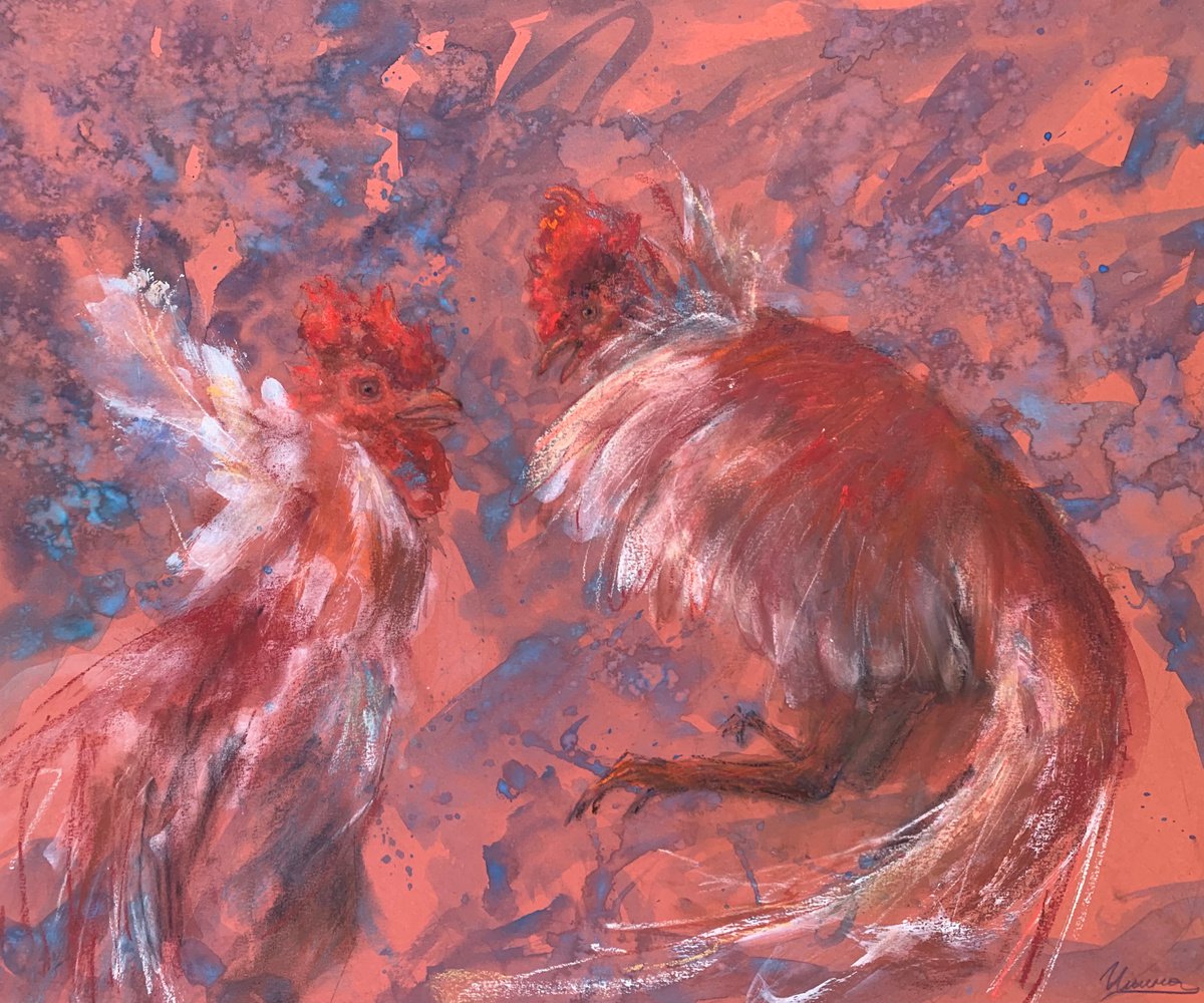 COCKFIGHT- Pastel and watercolor drawing on paper, original gift, red decor, home interior... by Tatsiana Ilyina