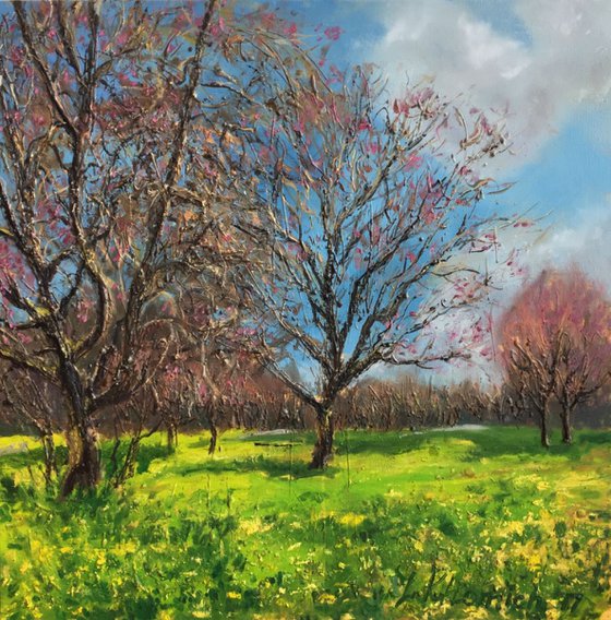 Landscape impression painting Spring trees 24", Park Tel Aviv Art, Original oil paintings, Free Shipping Art sale online