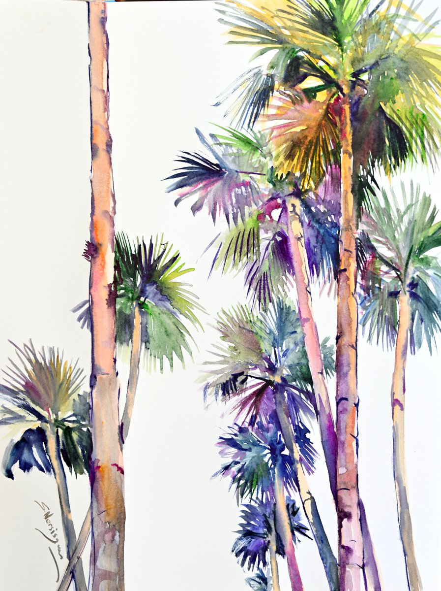 Californian Palm Trees on The Road, large watercolor painting by Suren Nersisyan