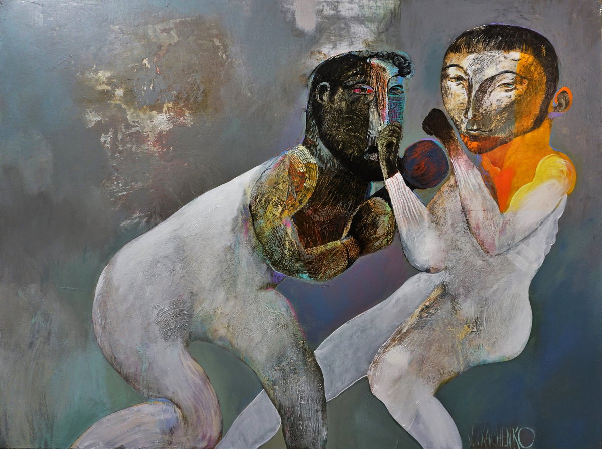 Organic Portrait Acrylic Painting By Victor Tkachenko, 48 X 36", Uppercut, Original Artwork