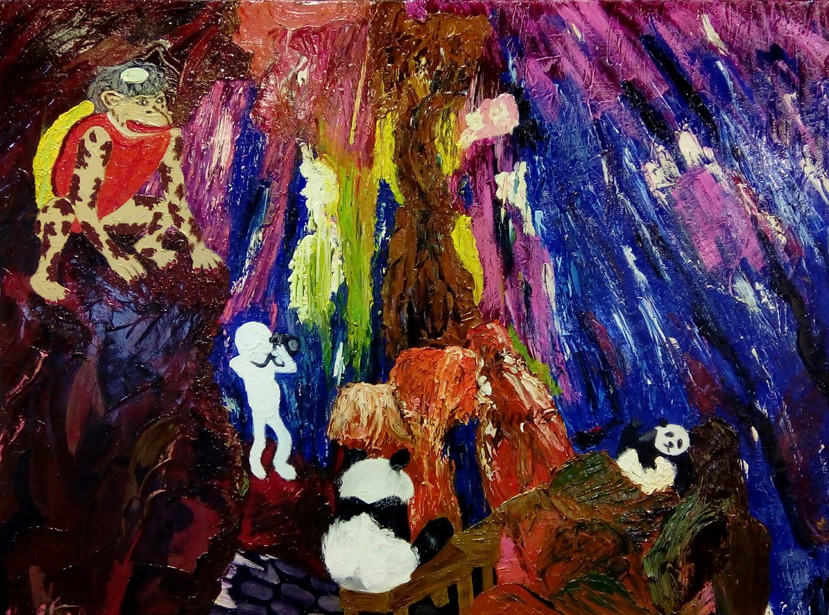 Naive Abstract Oil Painting By Corinne Hamer, 32 X 24, Lost Pandas, Original Artwork