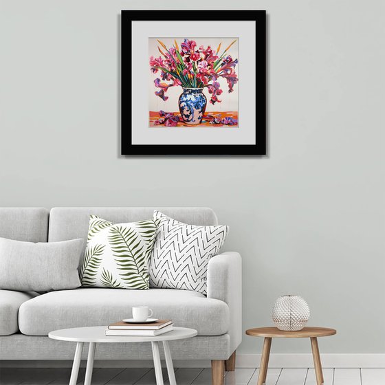 Irises in a porcelain vase