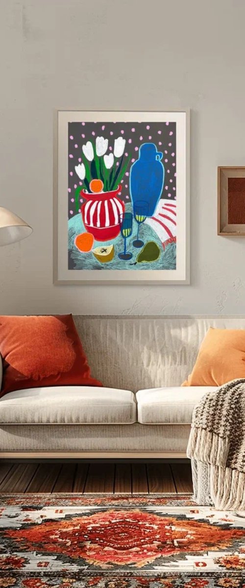 Tulips, Fruit and a Blue Visitor by Sasha Robinson