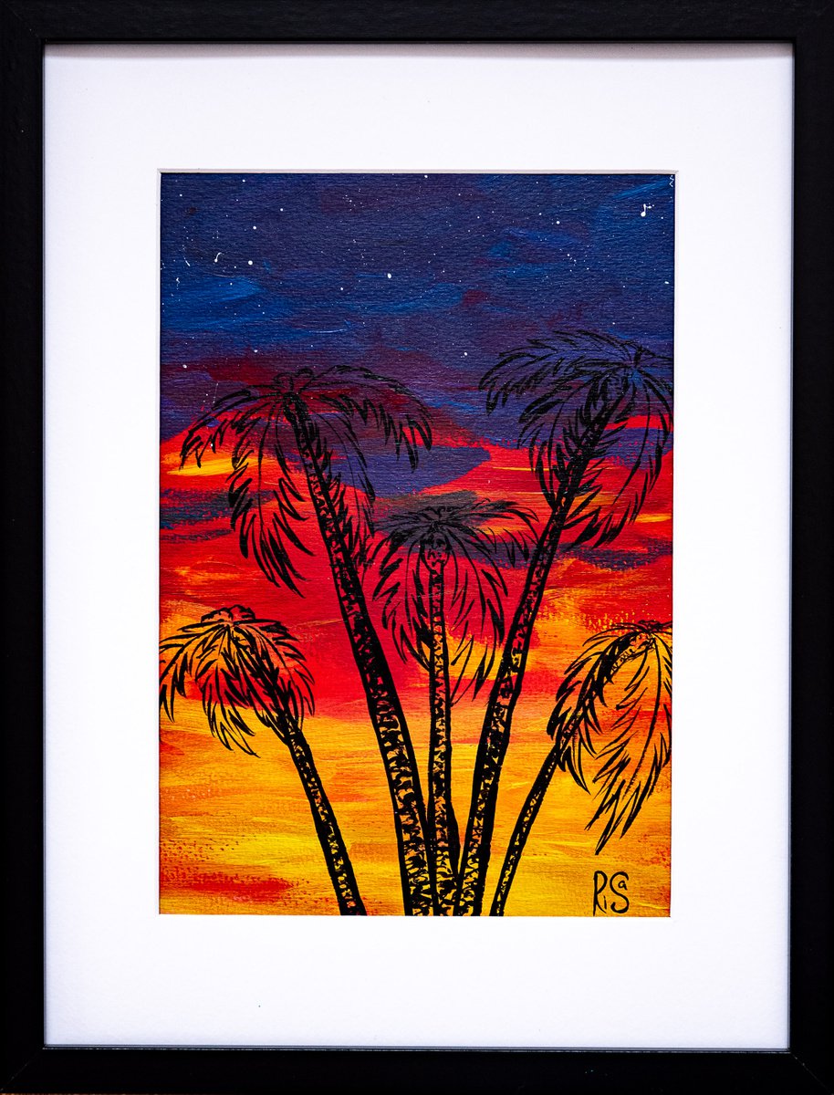 BRIGHT SUNSET - framed paper painting, palm trees, tropical art, evening sky by Rimma Savina