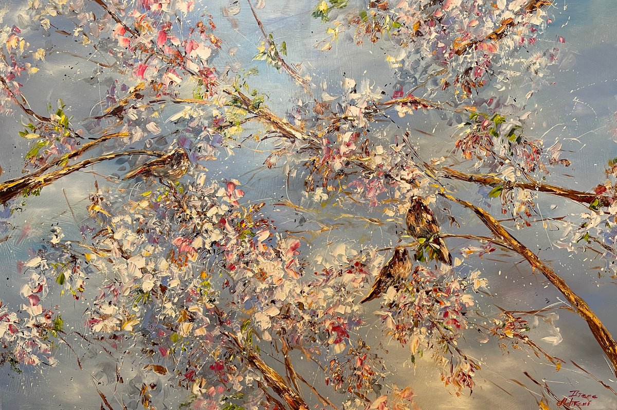 Impressionistic Botanical Oil Painting By Diana Malivani, 47 X 31, Blooming Branches, Original Artwork