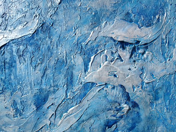 SEAFOAM BEAUTY. Large Abstract Blue White Textured Painting