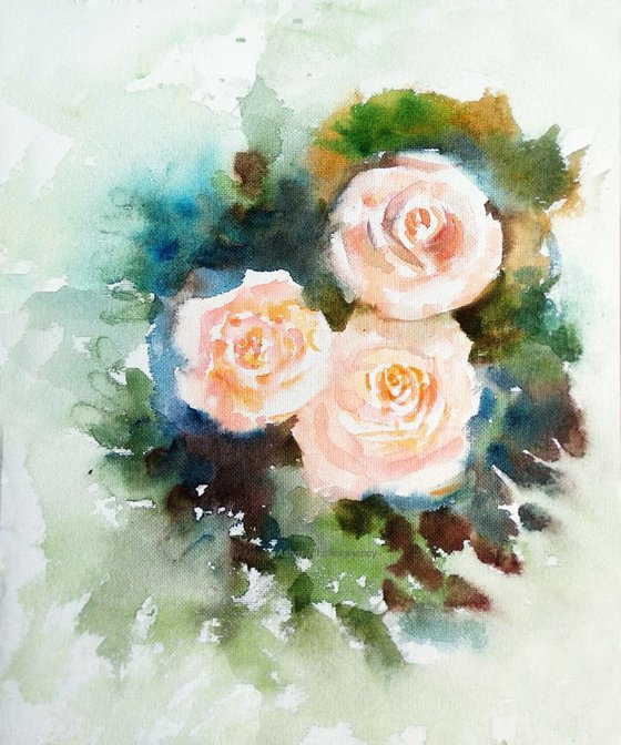Three cream roses