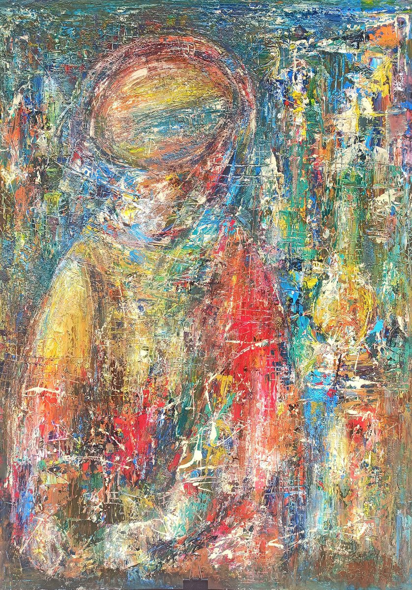Abstract Portrait Oil Painting By Seyran Gasparian, 22 X 30", Colorful Reflections, Original Artwork