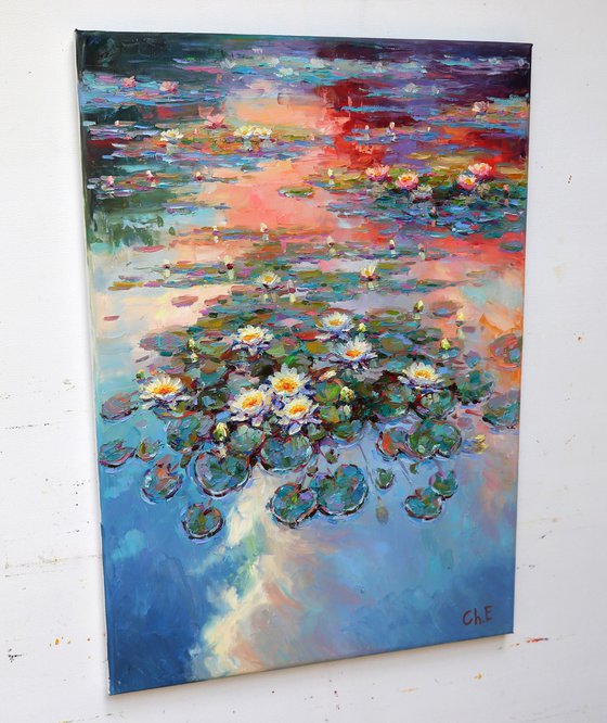 "Evening river with lilies"