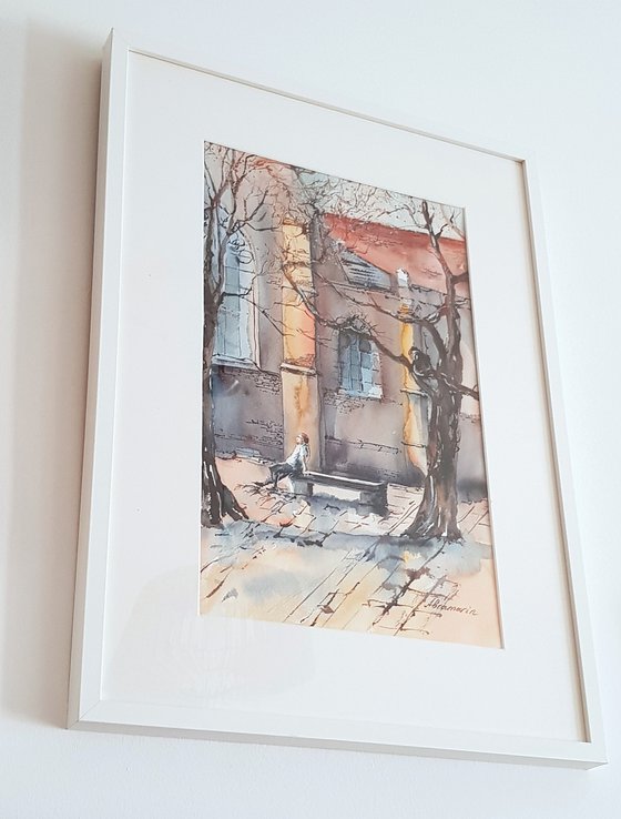 Lunch break. First spring sun. Original watercolor picture