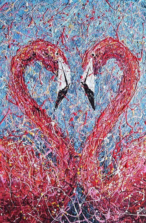 Symbol of love Couple of flamingos Pink abstraction art