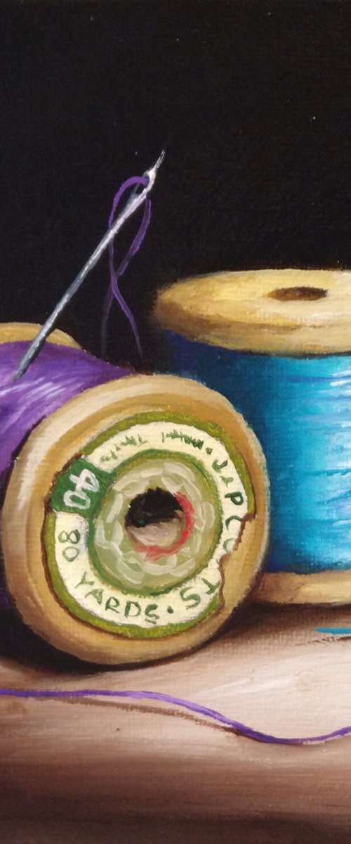 Vintage cotton reels still life by Jane Palmer Art