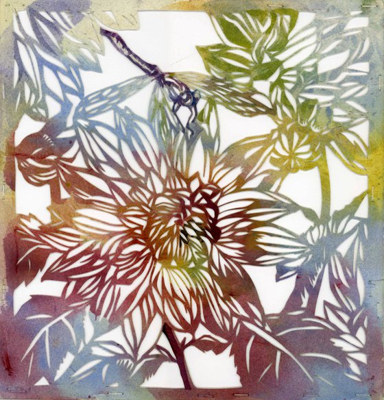 dahlia with dragonfly, watercolor paper cut