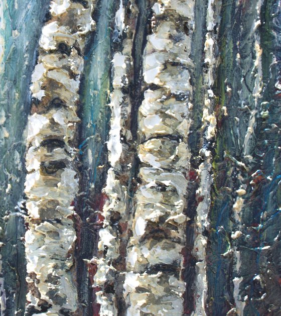 Birch Trees in Mist: An Impasto Canvas Journey