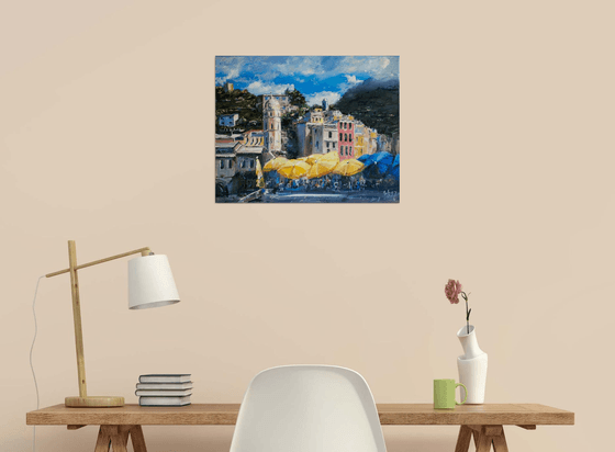 Morning in Vernazza. Original oil painting. Umbrellas landscape nature italy sea seaside