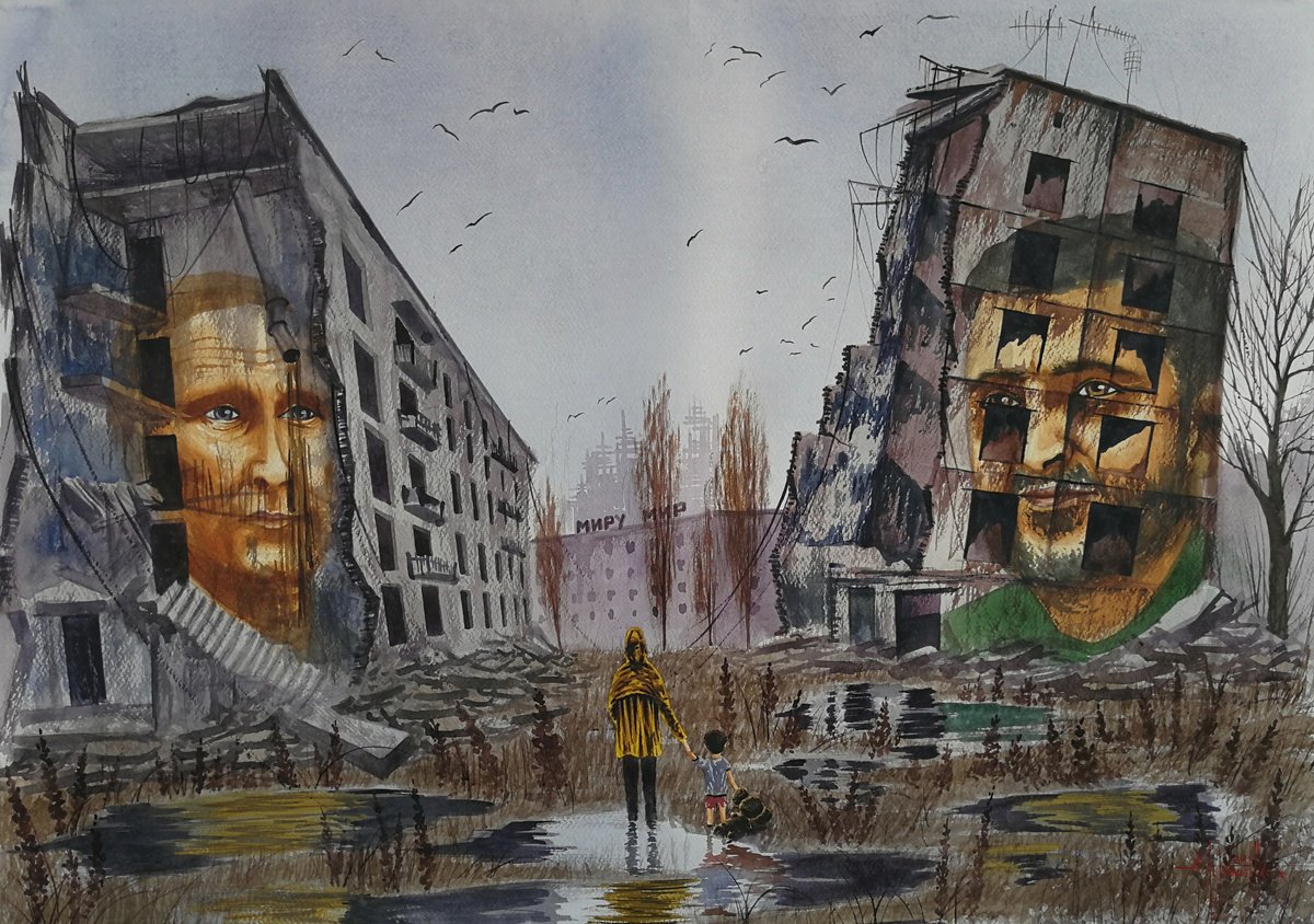 Photorealistic Cityscapes Watercolour By Eugene Gorbachenko, 30 X 20, Talking Heads, Original Artwork