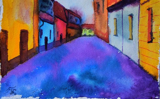 Original watercolor painting on craft paper Prague Golden Street