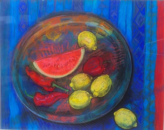 Melon and Lemon still life in pastel