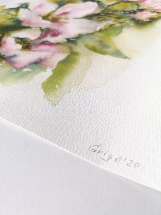 Spring apple blossom, small watercolor floral painting