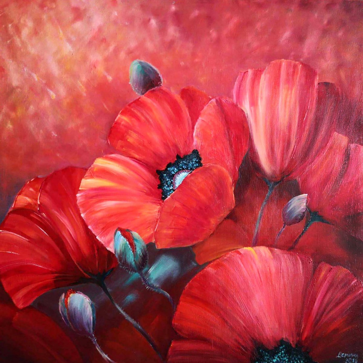 Poppies - oil painting, original gift, home decor, Flowering, Spring, Leaves, Red, Sexy, p... by Natalie Demina