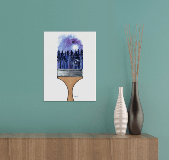 Artist's Paintbrush. Night. Moon. Snow Landscape. Woods. Blue Forest. Mountain. Winter.