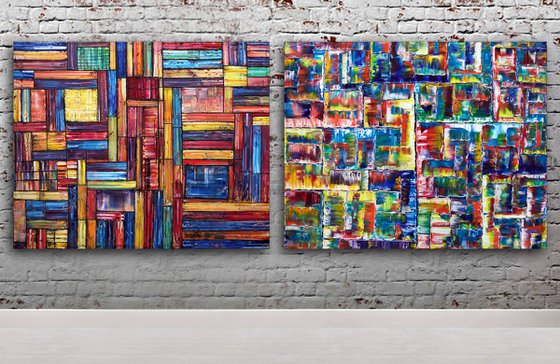 "Check Us Out" - FREE International Shipping/Discount USA Shipping - Original Xt Large PMS Abstract Diptych Oil Paintings On Canvas - 120" x 48"