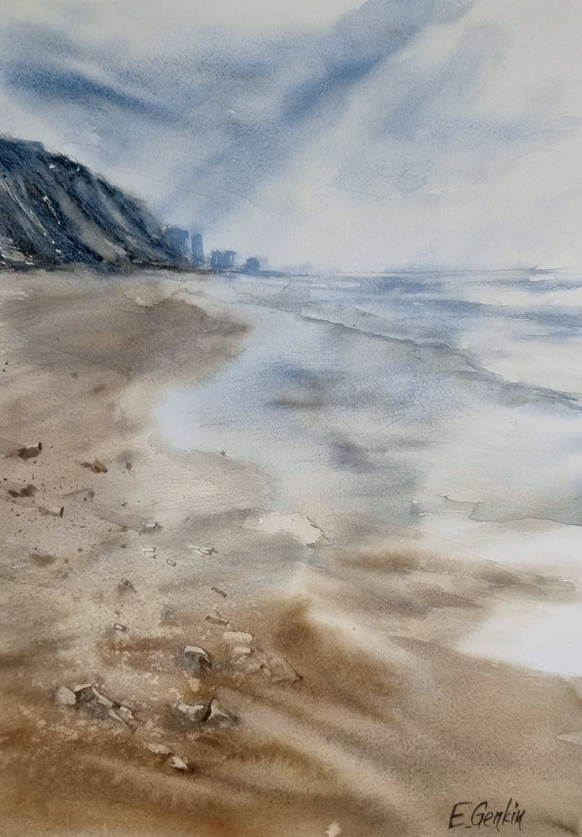 Impressionistic Landscape Watercolour By Elena Genkin, 12 X 16, Seascape With Beach And Mountains #3, Original Artwork