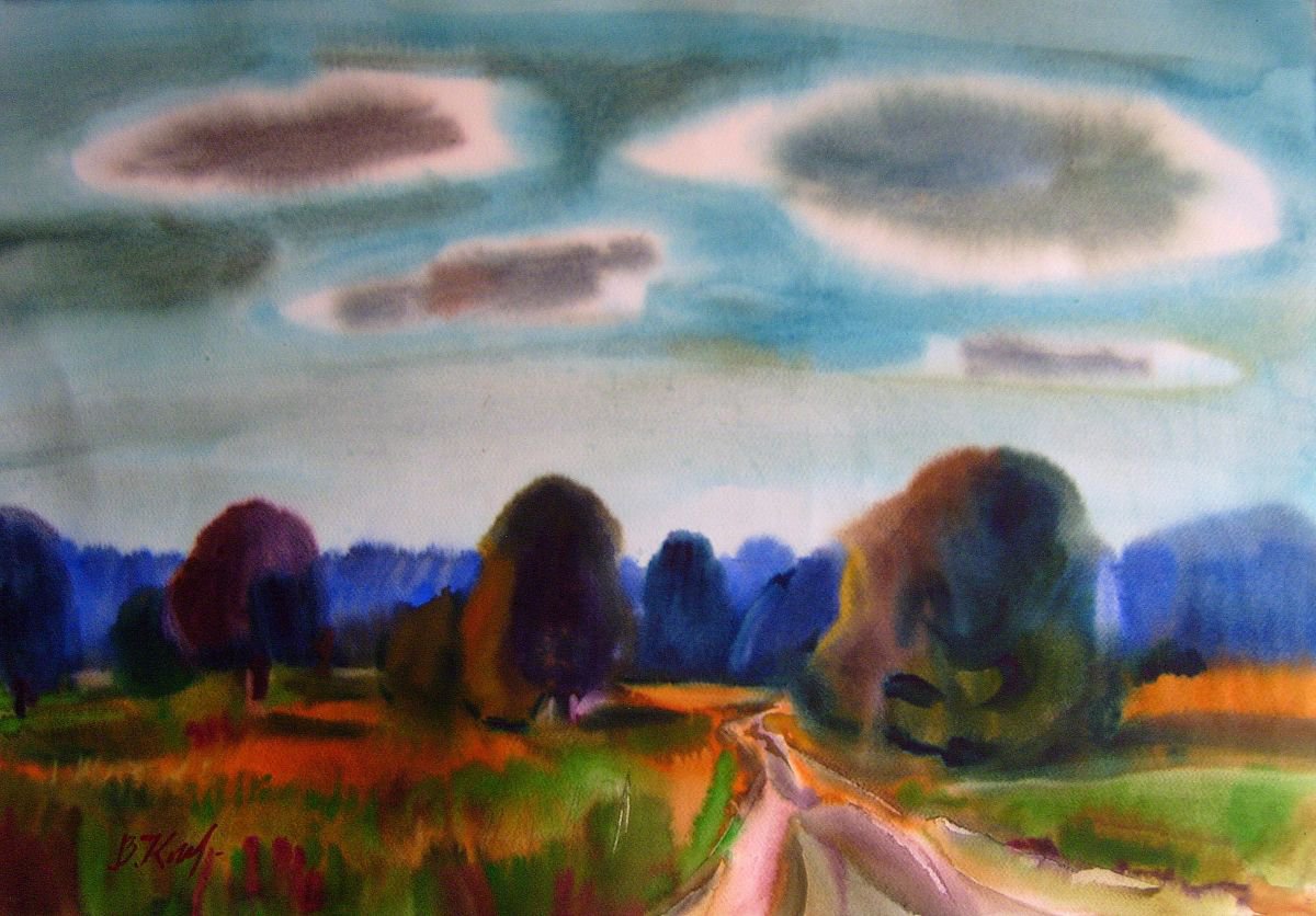 Clouds and Trees, watercolor 52x75 cm by Valentina Kachina