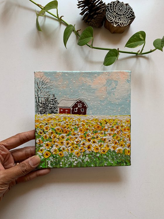 Sunflowers in snow! Miniature canvas painting