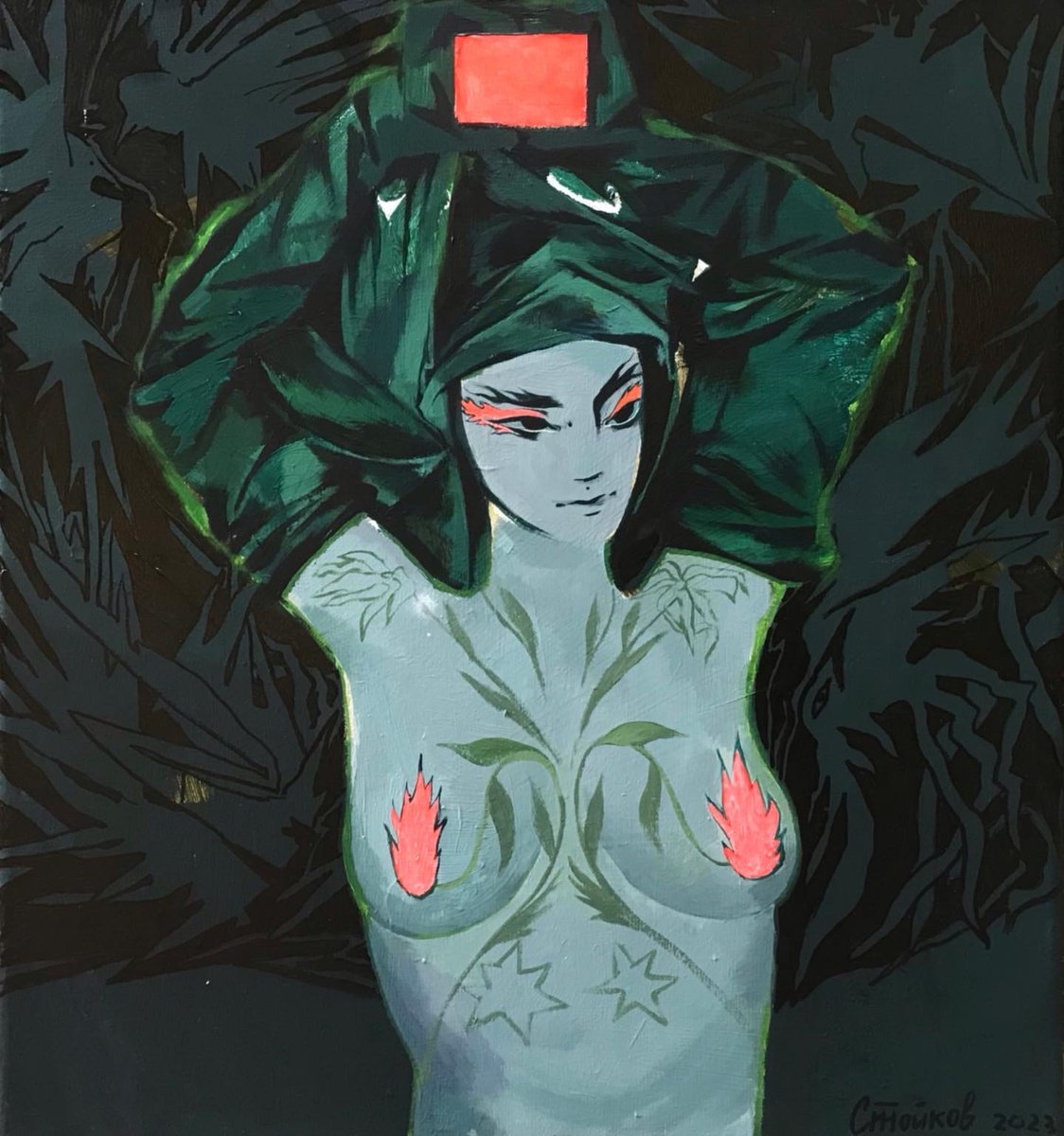 Surrealistic Portrait Acrylic Painting By Stefan Stoikov, 20 X 22", "Pandora