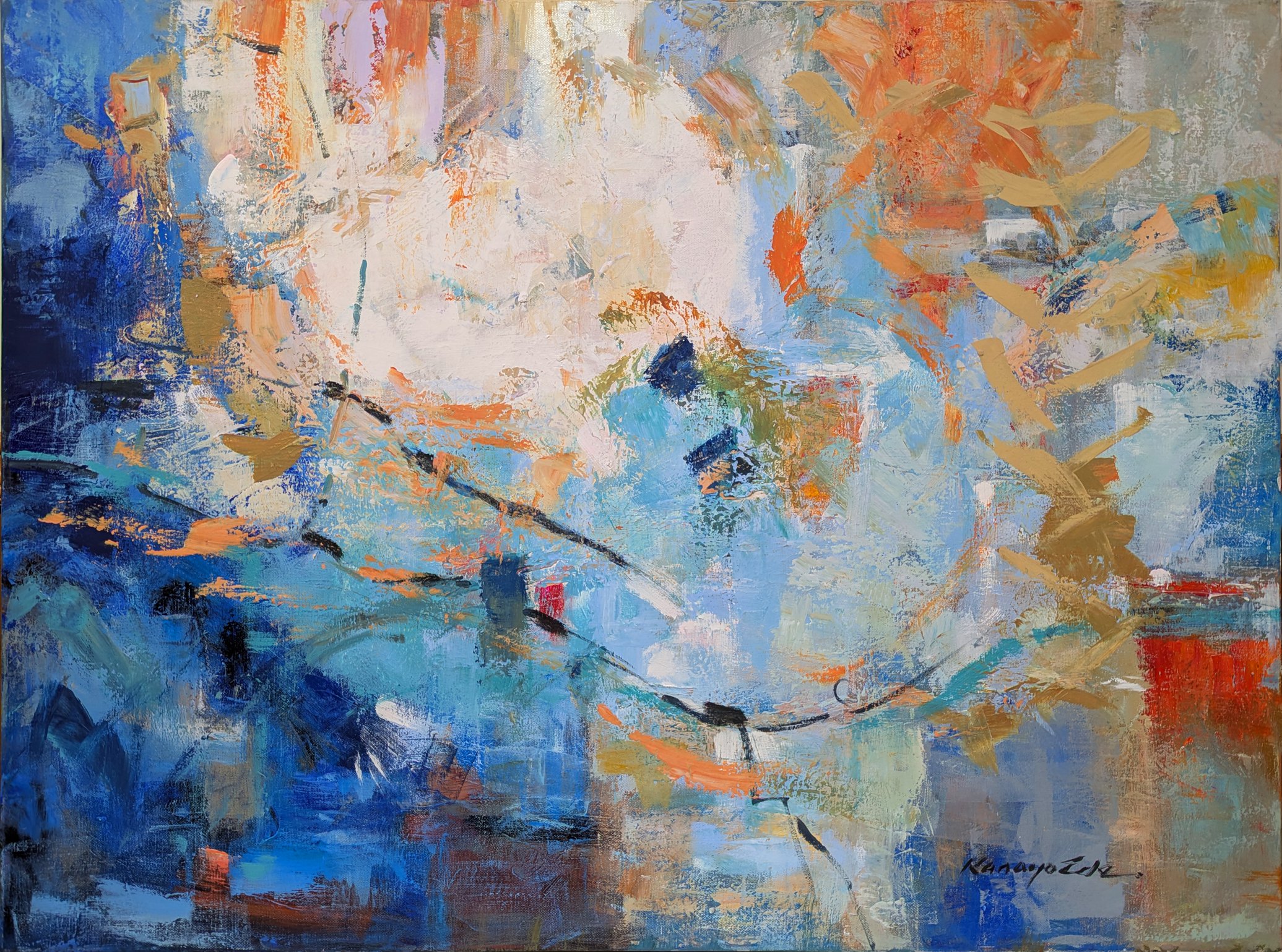 Impressionistic Abstract Acrylic Painting By Kanayo Ede, 40 X 30", Morning Walk, Original Artwork