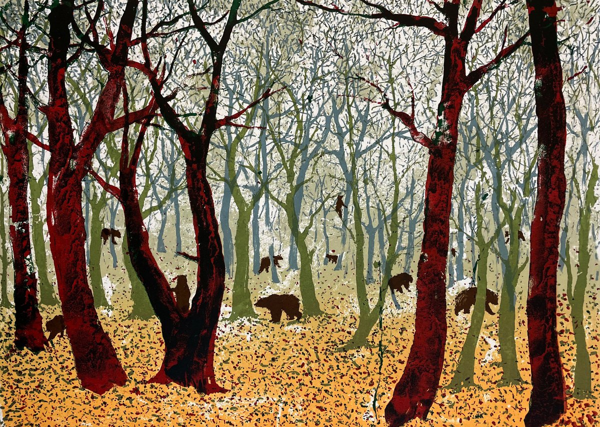 Illustrative Animal Screenprint By Tim Southall, 19 X 15", Bears In The Woods, Original Artwork