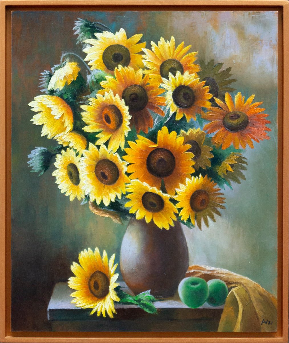 Impressionistic Still Life Oil Painting By Oleksii Vylusk, 21 X 25", Naturemorte With Sunflowers, Original Artwork