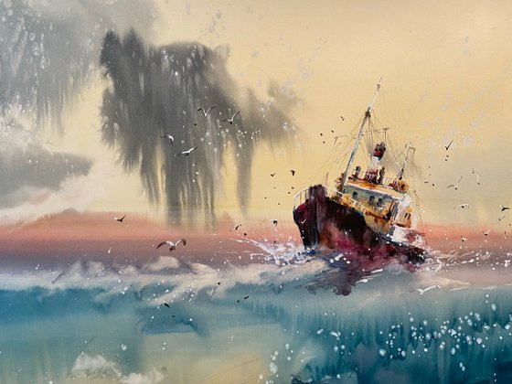 Sold Watercolor "Old boat V” gift For Him