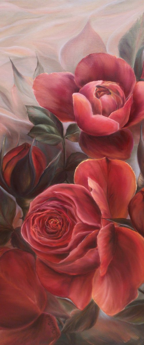 Embrace of terracotta roses, oil painting, original gift, home decor, Flowering, Spring, Leaves, Living Room, leaves,  flower picture by Natalie Demina