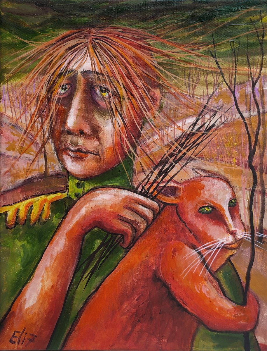 Expressive Portrait Acrylic Painting By Elisheva Nesis, 12 X 16, Autumn Uniform, Original Artwork