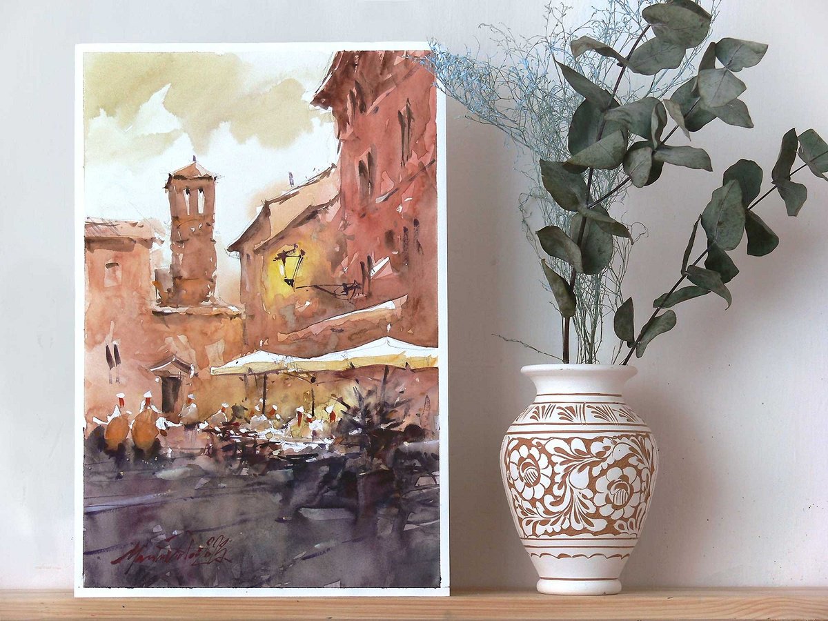 Impressionistic Cityscapes Watercolour By Marin Victor, 9 X 14", Trastevere, Rome, Watercolor., Original Artwork