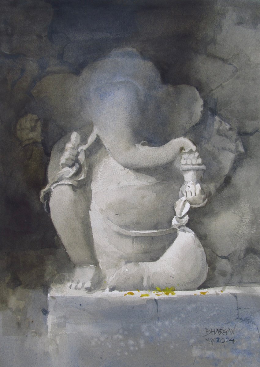 Impressionistic Portrait Watercolour By Bhargavkumar Kulkarni, 12 X 17, Ganesha, Stone Sculpture 2, Original Artwork