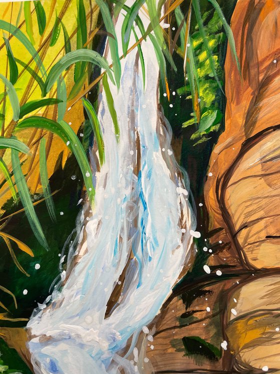 Waterfall Original Gouache Painting, Tropical Wall Art, Cyprus Artwork, Travel Gift, Green Home Decor